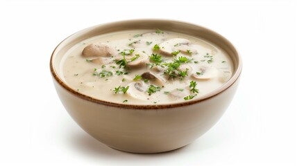 High-resolution photo of a bowl of creamy mushroom soup garnished with fresh parsley
