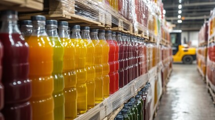Bottles of vibrant juices are neatly arranged on wooden pallets inside a spacious warehouse. Workers can be seen moving around, engaged in various tasks of juice production and packaging.