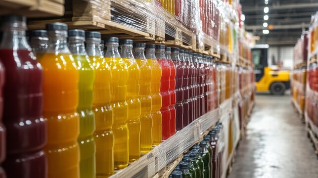 Bottles of vibrant juices are neatly arranged on wooden pallets inside a spacious warehouse. Workers can be seen moving around, engaged in various tasks of juice production and packaging.