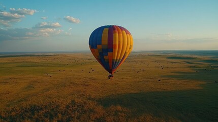 Naklejka premium Colorful Hot Air Balloon Lifting Off in Open Landscape
