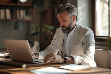 Fototapeta premium Businessman working on laptop in office. Concept of productivity, work, and modern business.