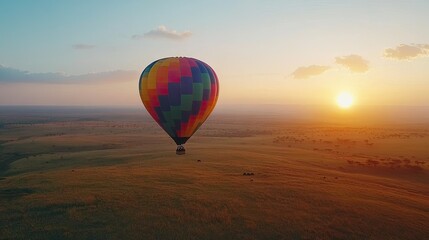 Naklejka premium Colorful Hot Air Balloon at Sunrise Over Landscape