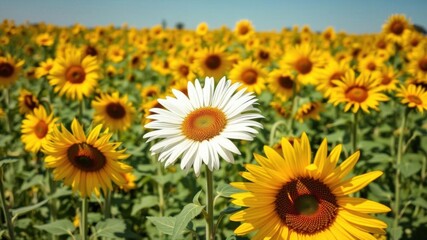 Obraz premium A group of white sunflowers swaying gently in the breeze against a clear blue sky, outdoors, garden