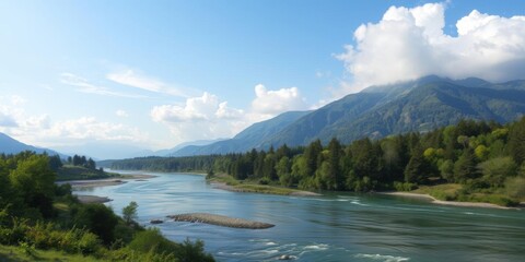 Narrow river flowing between lush trees and greenery, with a majestic mountain in the background under a cloudy sky, serene, greenery