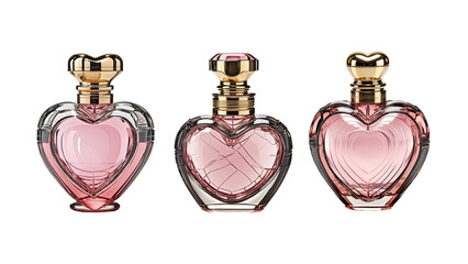 Pink heart shaped perfume bottles isolated on transparent background, perfume bottle set, empty perfume bottles template 