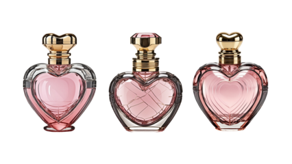 Pink heart shaped perfume bottles isolated on transparent background, perfume bottle set, empty perfume bottles template 
