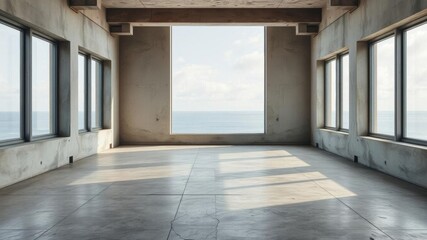 Fototapeta premium Empty modern concrete room with high narrow windows, rough floor, and ocean view, creating an industrial interior background template, empty, background template
