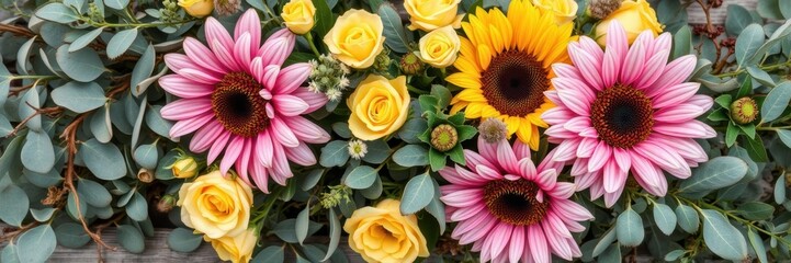 Obraz premium A whimsical collection of pale yellow roses and bright pink sunflowers intertwined with curly willow branches and fresh eucalyptus leaves, eucalyptus leaves, wildflowers