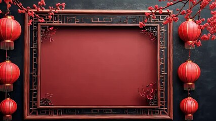 Elegant red chinese new year frame with lanterns and blossoms for festive celebration decor - Powered by Adobe