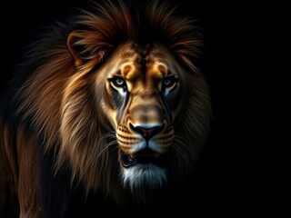 Fototapeta premium Lion's majestic mane frames its face as it gazes out into the distance on a dark background, wild animal, facial expression
