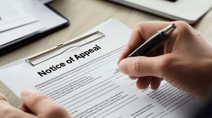 Close-up of a hand filling out a Notice of Appeal document on a desk.