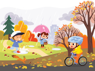 Fall in the park with kids walking. Autumn landscape. Children outdoors in cold weather Child riding a bike. Child gathering mushrooms in the forest. Nature with people.