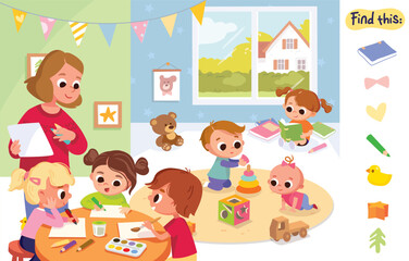 Find hidden objects items in picture puzzle game. Playroom full of  children kids play together having fun, fooling around, in classroom playground. Preschool Childrens activity in kinder garden
