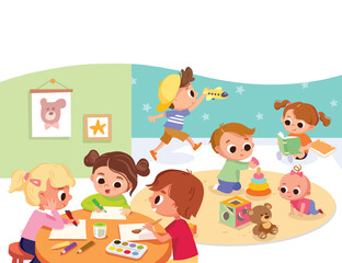 Playroom with children. kids play together having fun, fooling around in fine good mood, on playroom, playground. Preschool kids have fun. Children's activity in the kinder garden, primary school.