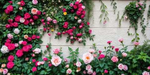 Naklejka premium Beautiful and vibrant roses covering a wall, creating a stunning floral background, elegance, background