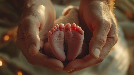 Closeup of the father holding his little baby's feet in his hands. dad and his little newborn infant daughter or son together indoors. daddy and his child. parenthood concept, love and protection.