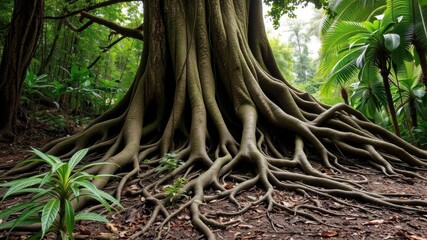 Fototapeta premium Old tree with huge roots spreading out in lush green jungle forest, growth, big roots