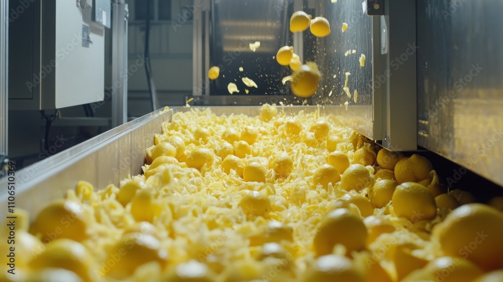 Poster lemons are rolling down a conveyor belt in a juice production facility. the lemons are freshly harve