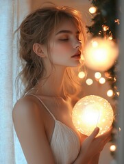 Naklejka premium A young woman gently cradles a glowing orb, immersed in soft light and surrounded by twinkling fairy lights, creating a warm, serene atmosphere