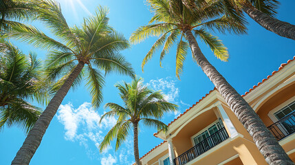 Fototapeta premium Luxury neighborhood house home buildings architecture surrounded by palm trees. blue sky, residental mansion, tropical miami florida summer real estate property for rich and wealthy.