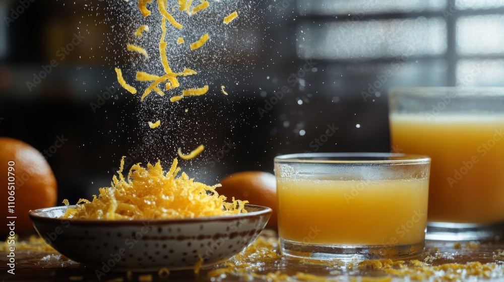 Poster Zest from fresh citrus fruit is being sprinkled over a bowl of zest while a glass of freshly made juice sits nearby. The kitchen is filled with warm light, enhancing the inviting atmosphere.