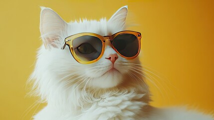 Fototapeta premium Fluffy White Cat with Sunglasses on Yellow Background