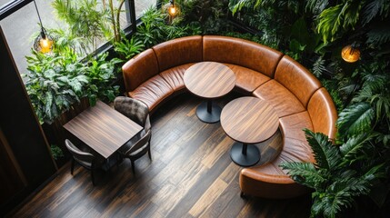 Obraz premium Overhead view of a curved leather booth with wooden tables in a lush, plant-filled cafe.