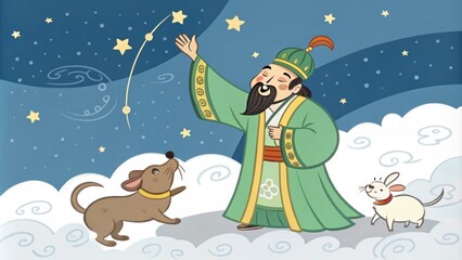 Naklejka premium Surrounded by ling stars and wisps of ethereal mist the Jade Emperor raises his hand casting a magical aura that envelops the zodiac animals. The dog barks playfully the rat