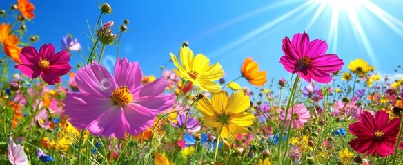 Vibrant colorful flower meadow with bright cosmos flowers under blue sky and sunny rays for summer nature garden
