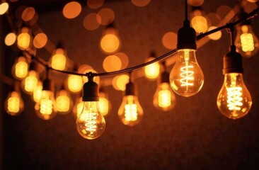 Luminous incandescent lamps hang in the form of a garland on wires, against the background of a shop window. Background from a garland. Incandescent lamps.