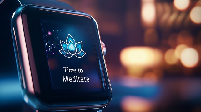 A sleek smartwatch displaying a meditation reminder with a beautiful lotus flower graphic.