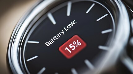 Close-up of a smartwatch displaying a 'Battery Low' alert with 15% remaining.