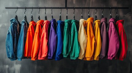 Vibrant Hoodies Displayed on Hangers in Various Colors