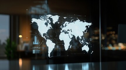 Global network data visualized on a transparent screen in a modern office.