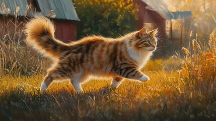 Siberian Cat Striding Gracefully in Autumn Landscape