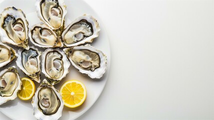 Highly realistic and finely detailed shot of fresh oysters with lemon slices
