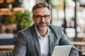 Confident businessman working on laptop in cafe. Concept of success, professionalism, and modern business.
