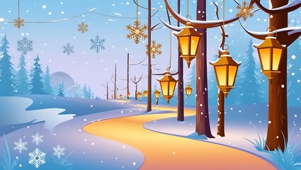Winter Wonderland Path With Snow And Lanterns