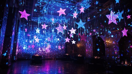 Vibrant laser projections sparkling stars filling a New Yeara??s party room.