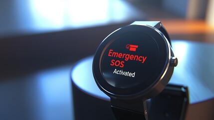 Fototapeta premium A close-up of a black smartwatch displaying 'Emergency SOS Activated' on the screen, illuminated in a sleek setting.