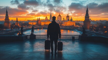 Silhouette of a Traveler at Dusk Overlooking Historic Landmarks and a River Under a Colorful Sunset in a City with Iconic Architecture