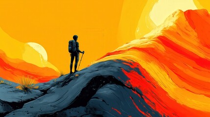 Silhouette of Hiker Standing on Colorful Mountainous Landscape During Sunset, Vibrant Colors of Orange and Yellow Creating a Dreamlike Atmosphere