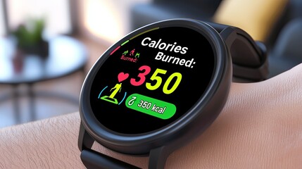 Fototapeta premium Close-up of a smartwatch on a wrist displaying calories burned and heart rate, in a cozy living room setting.