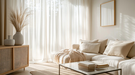 Scandinavian neutral Interior Design. Painting frame. Royal VIP room with white beige armchair, plaid, cushion. simple Nordic wood Tranquil living place. Minimal living room, wooden sideboard.