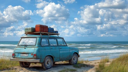 Obraz premium Vintage Car with Luggage on Roof by Seaside under Blue Sky and Fluffy Clouds Inviting Adventure and Road Trip Memories on Coastal Vacation Day
