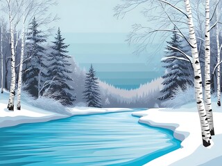 Winter River Scene with Snow Covered Birch Trees and Forest