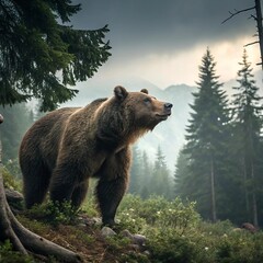 Fototapeta premium A brown bear stands in a lush forest under a cloudy sky, surrounded by trees and greenery