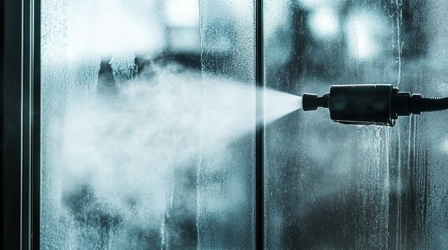 Steam cleaning window glass with high-pressure nozzle for sparkling clean house