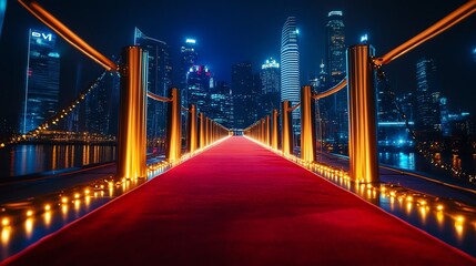 A red carpet leads to a city skyline at night.