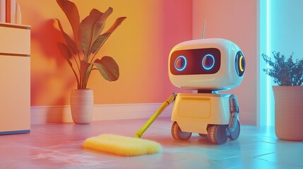 Futuristic robot vacuuming in a modern living room with colorful lighting for efficient house cleaning